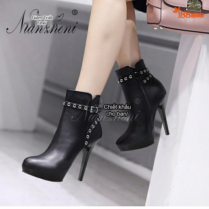 Boot Cổ Ngắn Nữ Da Bóng Chiều Cao Đế 15cm, Gót Nhọn 13cm Màu Đen
