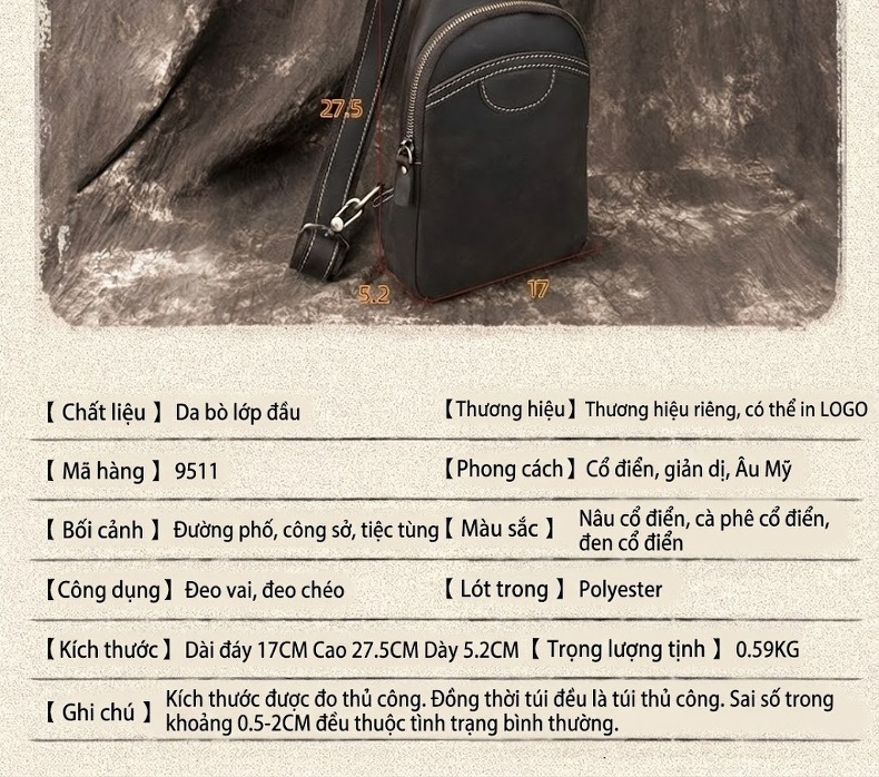 Túi Đeo Ngực Nam Da Thật Đầu Lớp Da Bò Điên Thủ Công Phong Cách Retro Thời Trang chi tiết 4