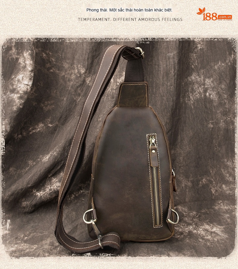 Túi Đeo Ngực Nam Da Thật Đầu Lớp Da Bò Điên Thủ Công Phong Cách Retro Thời Trang chi tiết 10