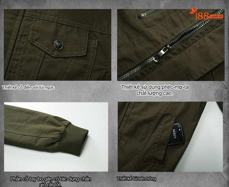 Áo Khoác Bomber Nam Cotton Size Lớn 6XL Nhiều Túi Phong Cách Âu Mỹ Màu Xanh Olive, Đen chi tiết 4