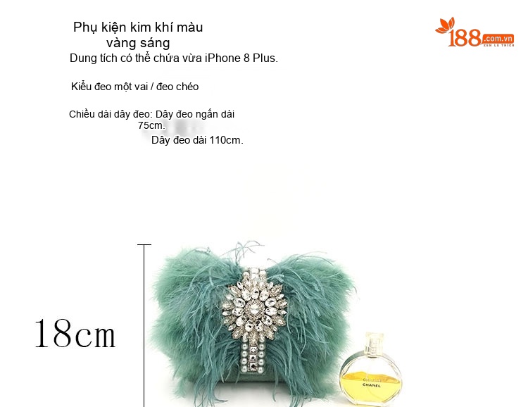 Túi Xách Dự Tiệc Nữ Đính Đá Lông Đà Điểu Cầm Tay Sang Trọng Màu Đen, Xanh Ngọc, Hồng, Trắng... chi tiết 10