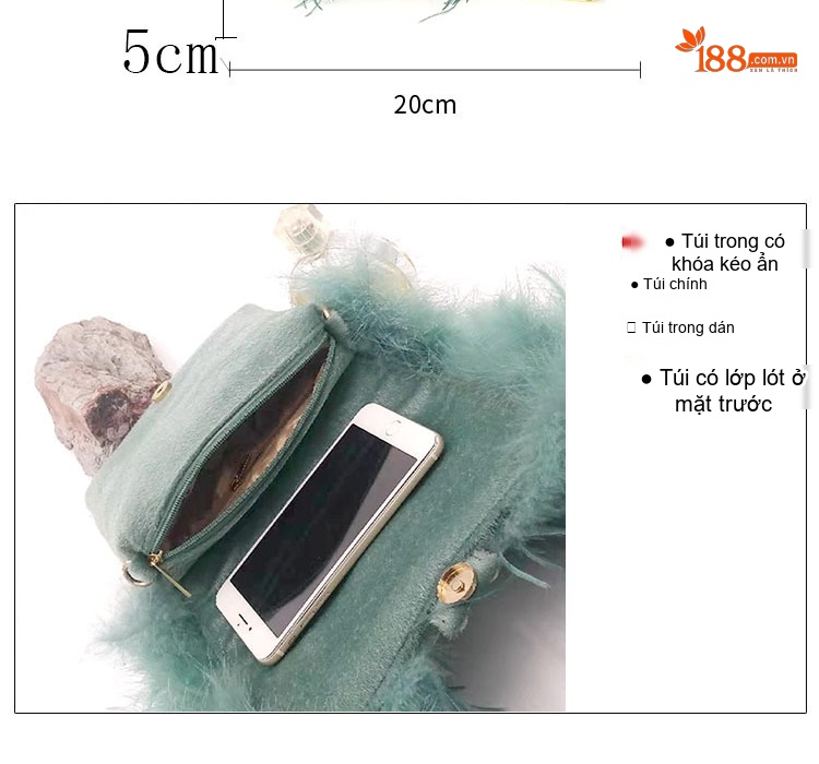 Túi Xách Dự Tiệc Nữ Đính Đá Lông Đà Điểu Cầm Tay Sang Trọng Màu Đen, Xanh Ngọc, Hồng, Trắng... chi tiết 11