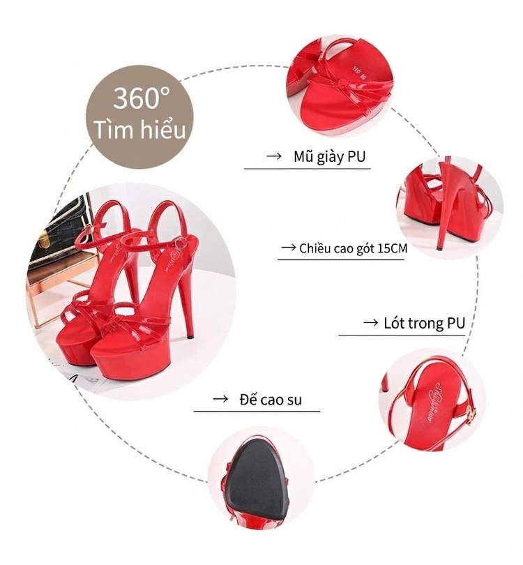 Giày Sandal Cao Gót Nữ Quai Chéo Da Bóng Gót Cao 10cm - 12cm Màu Đen, Đỏ, Trắng, Bạc... chi tiết 2