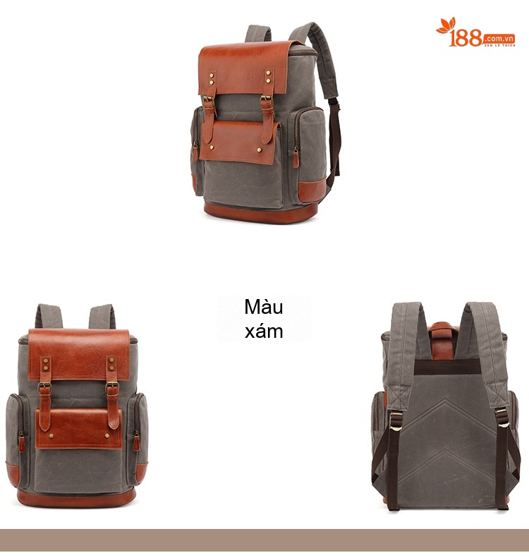 Balo Đôi Vải Canvas Da Thật Du Lịch Leo Núi Cho Nam Nữ Màu Xanh Rêu, Nâu, Đen, Xám chi tiết 3