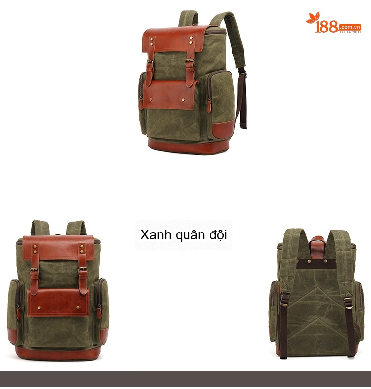 Balo Đôi Vải Canvas Da Thật Du Lịch Leo Núi Cho Nam Nữ Màu Xanh Rêu, Nâu, Đen, Xám chi tiết 2