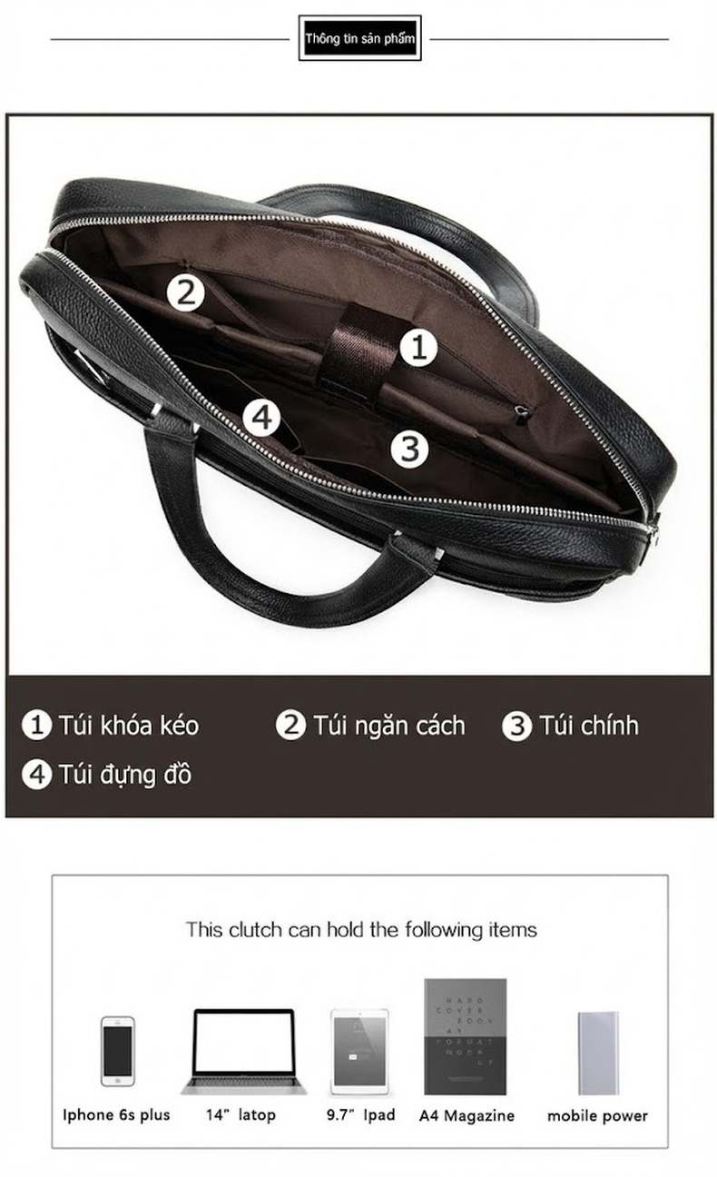 Túi Xách Tay Nam Da Bò Công Sở Đựng Laptop Chống Sốc Chống Nước Màu Đen chi tiết 4