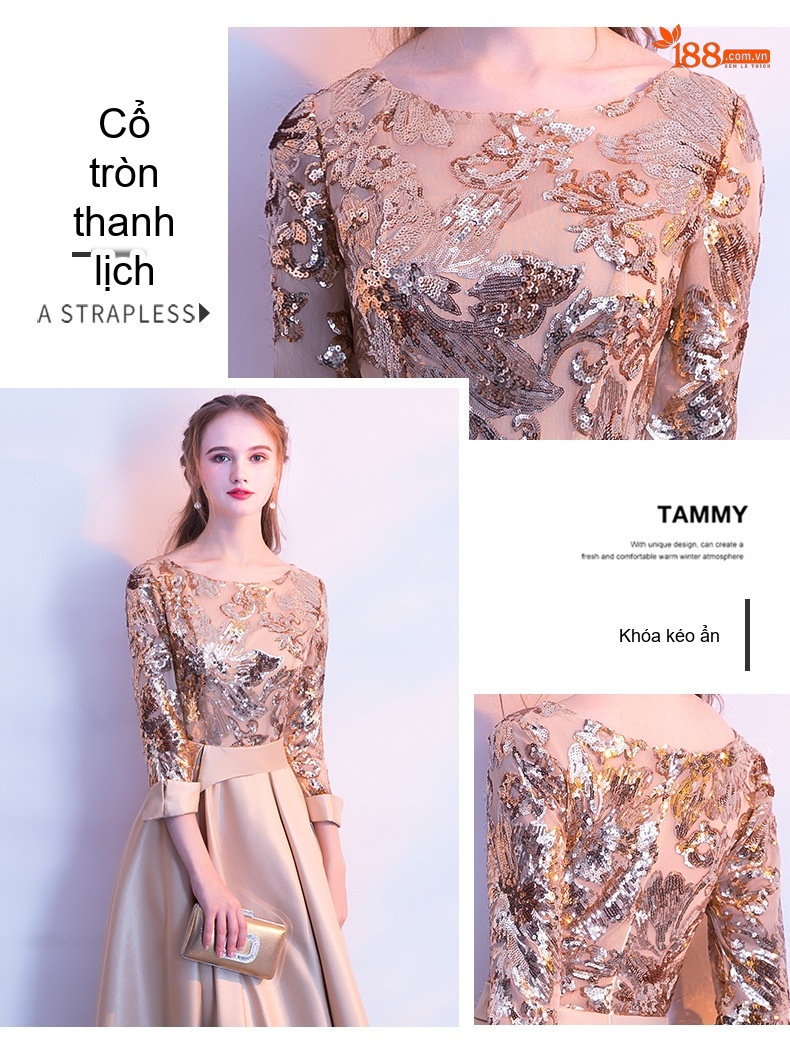 Váy Dạ Hội Dáng Dài Tay Lỡ Sang Trọng Cho Nữ Màu Xanh Lá, Xám, Vàng Be, Đen... chi tiết 4