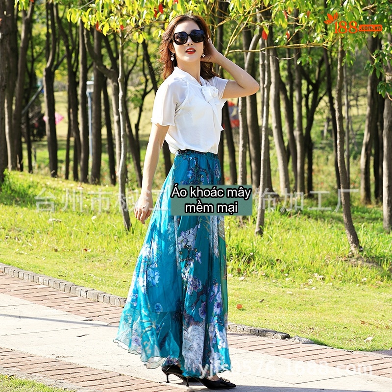 Chân Váy Dài Xòe Chữ A In Họa Tiết Đi Biển Chất Liệu Tuyết Vải Voan Cao Eo Màu Xanh, Đỏ, Đen... chi tiết 3