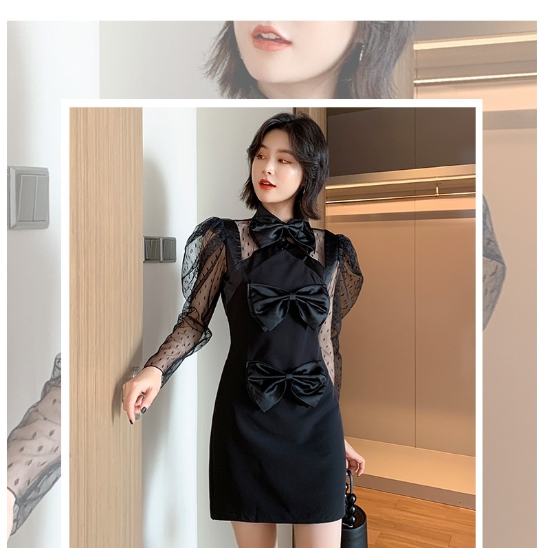 Đầm Dự Tiệc Nữ Tay Lưới Bồng Eo Ôm Hở Lưng Đính Nơ Thời Trang Màu Đen chi tiết 1