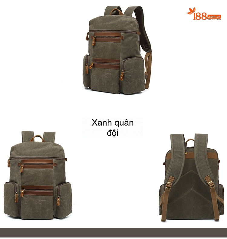 Balo Đôi Vải Canvas Chống Thấm Nước Đựng Laptop Du Lịch Thể Thao Ngoài Trời Màu Nâu, Đen, Xanh chi tiết 2