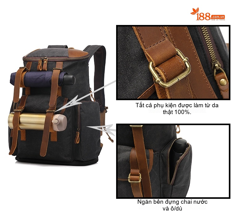 Balo Đôi Nam Nữ Vải Canvas Chống Thấm Nước Đựng Laptop Du Lịch Dã Ngoại Màu Đen, Nâu, Xanh Rêu, Vàng Be chi tiết 6