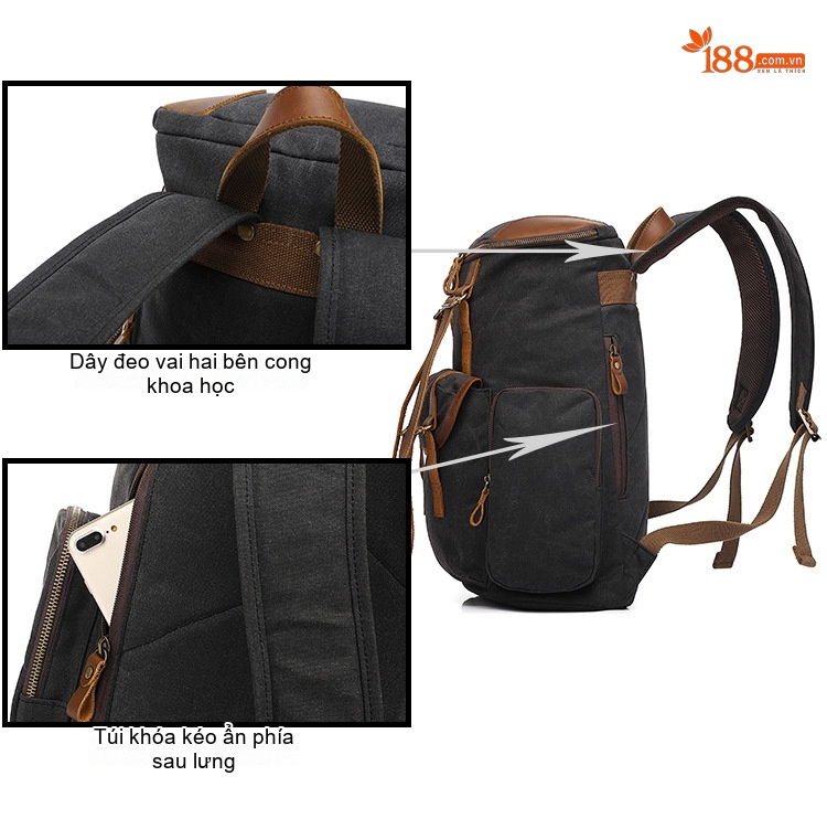 Balo Đôi Nam Nữ Vải Canvas Chống Thấm Nước Đựng Laptop Du Lịch Dã Ngoại Màu Đen, Nâu, Xanh Rêu, Vàng Be chi tiết 5