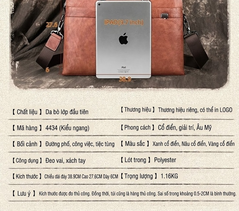 Cặp Công Sở Nam Da Mờ Đựng Laptop Túi Xách Tay Đeo Chéo Màu Nâu, Xanh, Vàng chi tiết 4