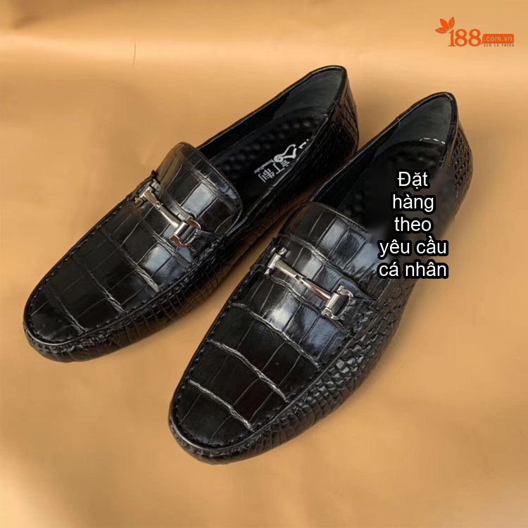 Giày Lười Nam Da Bụng Cá Sấu Thái Lan Chiều Cao Đế Khoảng 2cm Màu Đen