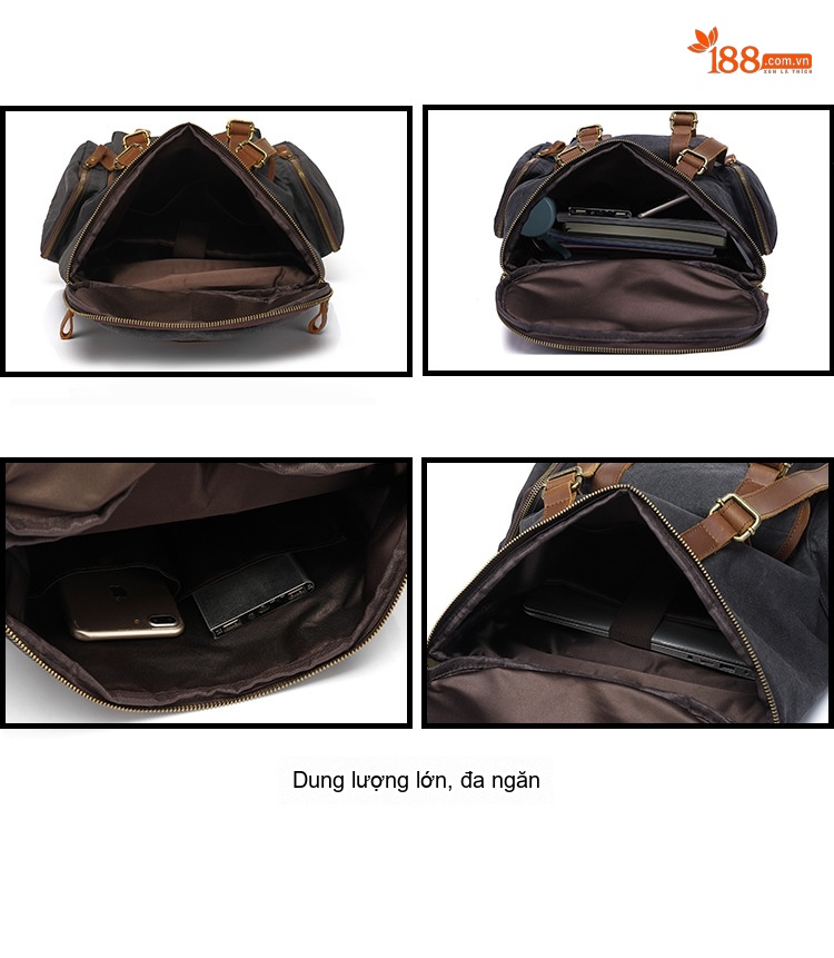 Balo Đôi Nam Nữ Vải Canvas Chống Thấm Nước Đựng Laptop Du Lịch Dã Ngoại Màu Đen, Nâu, Xanh Rêu, Vàng Be chi tiết 7