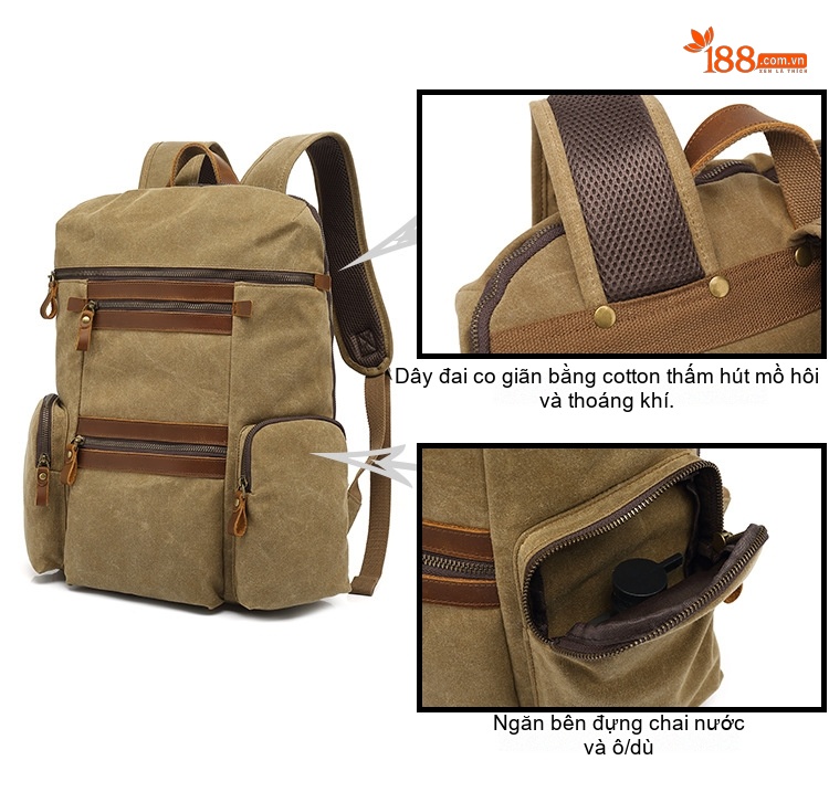 Balo Đôi Vải Canvas Chống Thấm Nước Đựng Laptop Du Lịch Thể Thao Ngoài Trời Màu Nâu, Đen, Xanh chi tiết 6