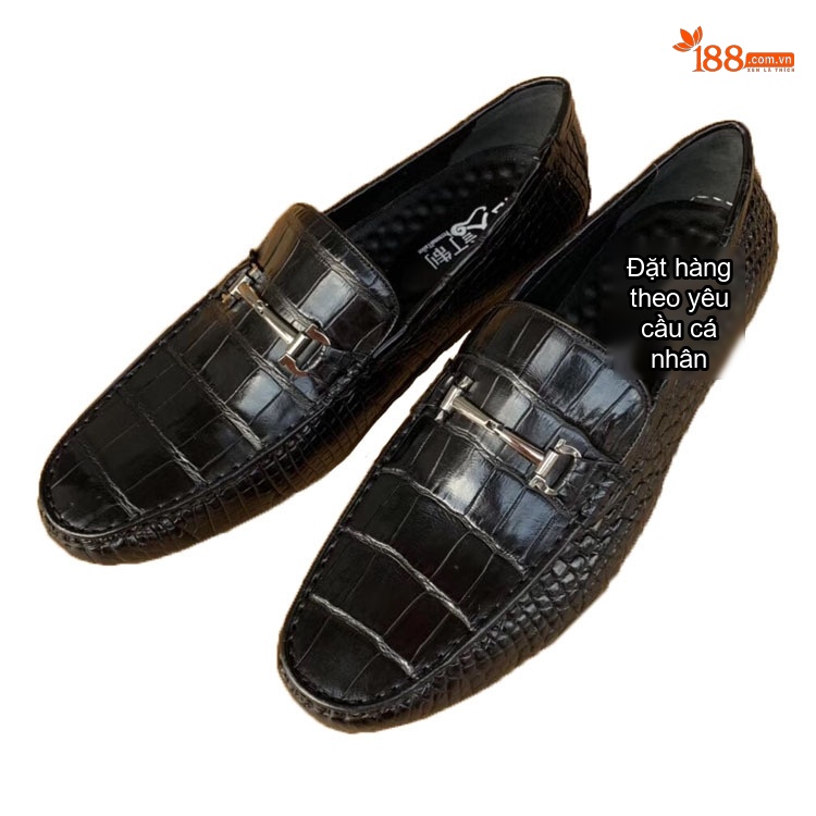Giày Lười Nam Da Bụng Cá Sấu Thái Lan Chiều Cao Đế Khoảng 2cm Màu Đen