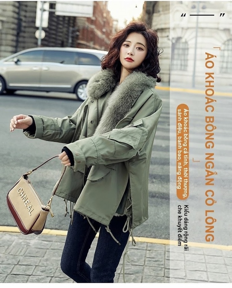 Áo Khoác Cotton Nữ Cổ Lông Kiểu Măng Tô Dáng Rộng Màu Xanh Rêu chi tiết 1