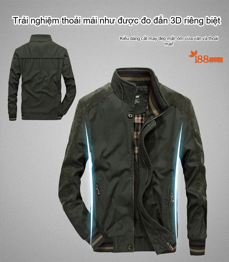 Áo Khoác Nam Mùa Xuân Thu Dáng Bomber Cổ Trụ Phong Cách Doanh Nhân Màu Xanh Navy, Xanh Rêu, Nâu chi tiết 6
