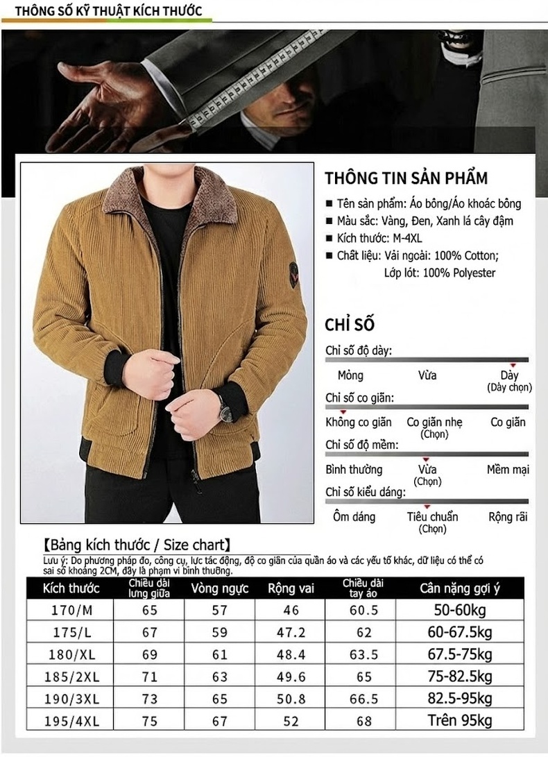 Áo Khoác Nam Cotton Lót Lông Cừu Cổ Bẻ Dáng Ngắn Màu Nâu, Đen, Xanh Rêu chi tiết 4