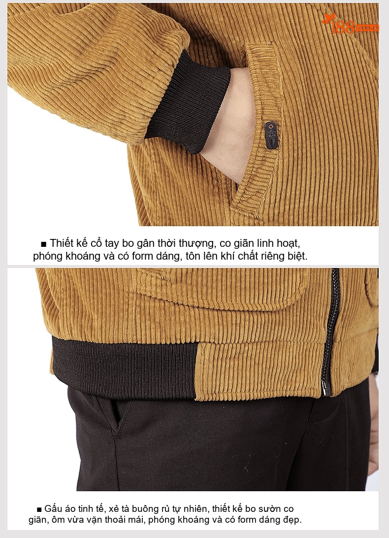 Áo Khoác Nam Cotton Lót Lông Cừu Cổ Bẻ Dáng Ngắn Màu Nâu, Đen, Xanh Rêu chi tiết 16