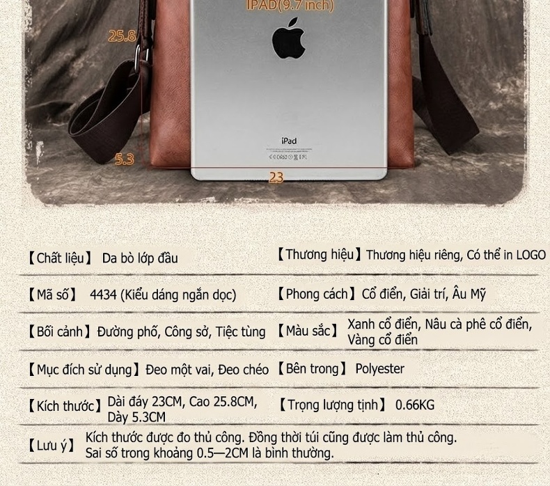 Túi Đeo Chéo Nam Da Bò Thật Phong Cách Retro Màu Nâu, Xanh Dương chi tiết 4