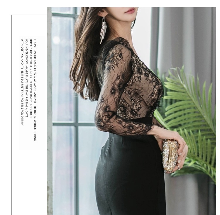 Đầm Ôm Body Nữ Tay Dài Cổ chữ V Ren Eo Cao Xẻ Tà Quyến Rũ Màu Đen chi tiết 10