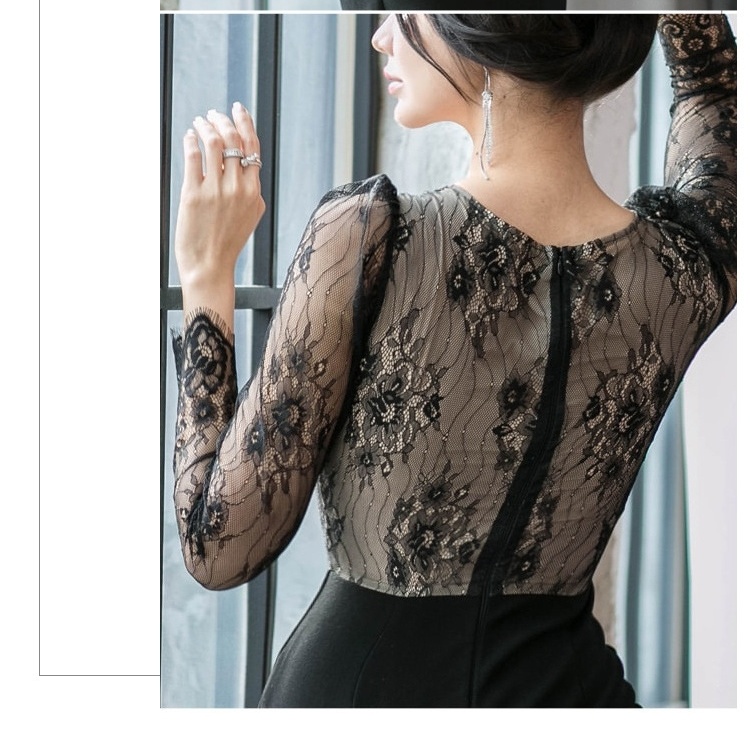 Đầm Ôm Body Nữ Tay Dài Cổ chữ V Ren Eo Cao Xẻ Tà Quyến Rũ Màu Đen chi tiết 11