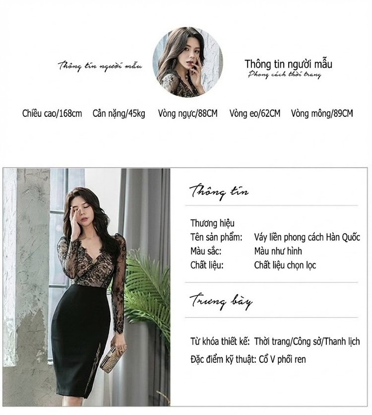 Đầm Ôm Body Nữ Tay Dài Cổ chữ V Ren Eo Cao Xẻ Tà Quyến Rũ Màu Đen chi tiết 2