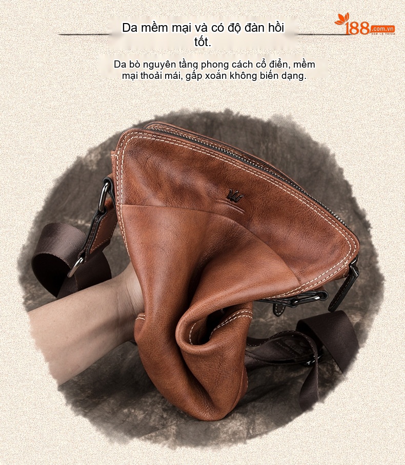 Túi Đeo Chéo Nam Da Bò Túi Đeo Vai Nam Phong Cách Retro Màu Nâu Đậm, Nâu Vừa, Nâu Nhạt chi tiết 2
