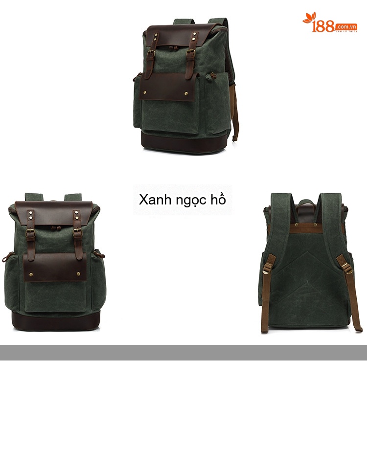 Balo Đôi Nam Nữ Vải Canvas Chống Thấm Nước Phong Cách Retro Đựng Sách Du Lịch Đa Năng Màu Xanh Rêu, Nâu, Đen chi tiết 4