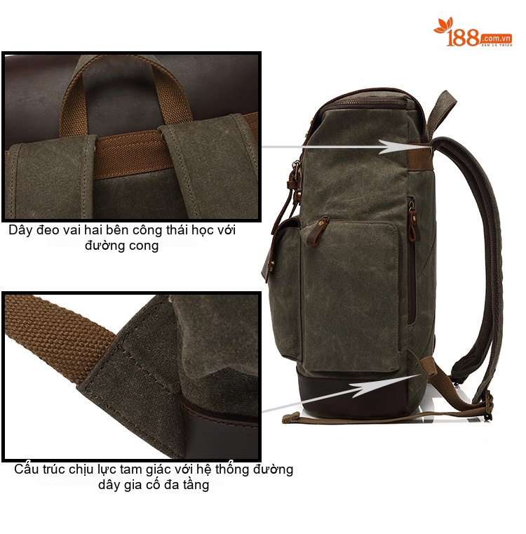 Balo Đôi Nam Nữ Vải Canvas Chống Thấm Nước Phong Cách Retro Đựng Sách Du Lịch Đa Năng Màu Xanh Rêu, Nâu, Đen chi tiết 5