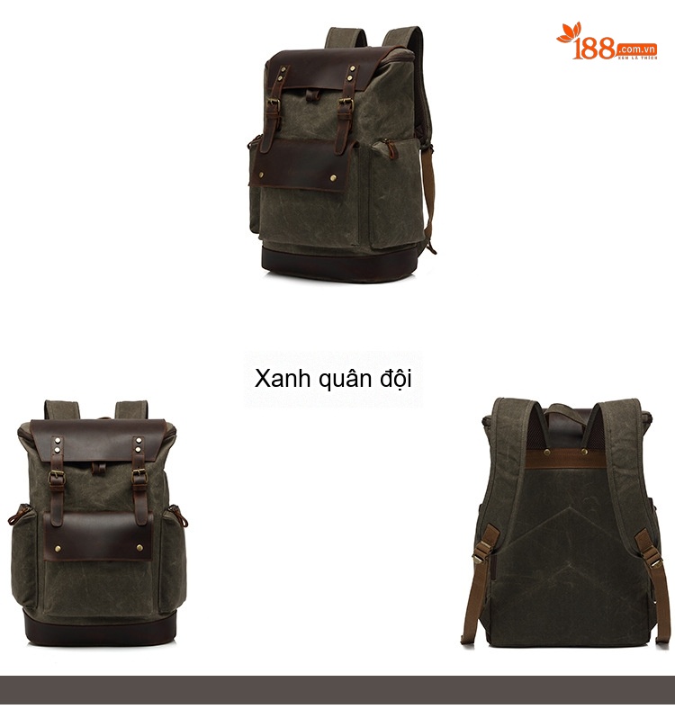Balo Đôi Nam Nữ Vải Canvas Chống Thấm Nước Phong Cách Retro Đựng Sách Du Lịch Đa Năng Màu Xanh Rêu, Nâu, Đen chi tiết 2