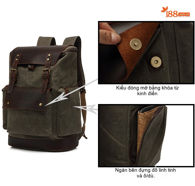 Balo Đôi Nam Nữ Vải Canvas Chống Thấm Nước Phong Cách Retro Đựng Sách Du Lịch Đa Năng Màu Xanh Rêu, Nâu, Đen chi tiết 6