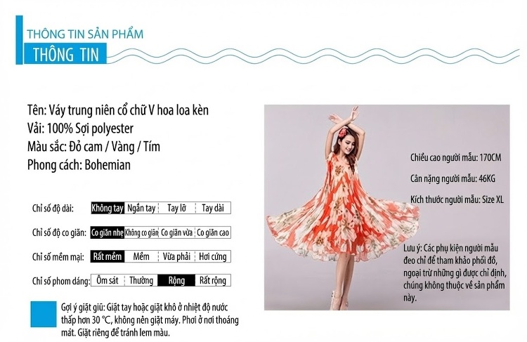 Váy Suông Nữ Trung Niên Dáng Dài Họa Tiết Hoa V Cổ Không Tay Màu Cam, Vàng, Hồng... chi tiết 10