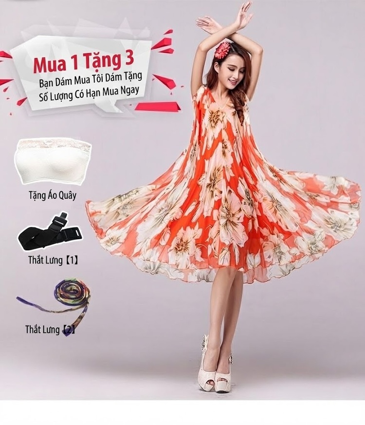 Váy Suông Nữ Trung Niên Dáng Dài Họa Tiết Hoa V Cổ Không Tay Màu Cam, Vàng, Hồng... chi tiết 3
