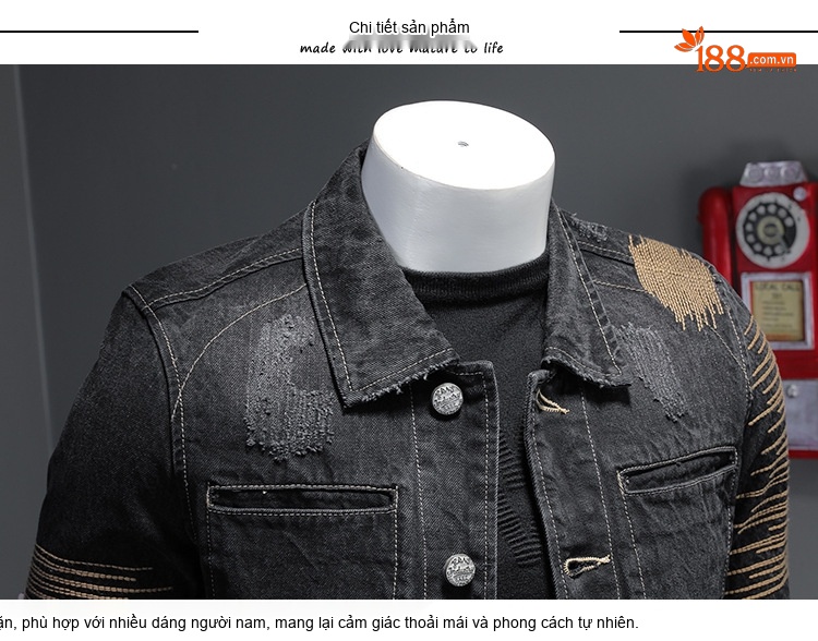 Áo Khoác Jean Nam Thêu Hoa Phong Cách Retro Màu Đen chi tiết 7