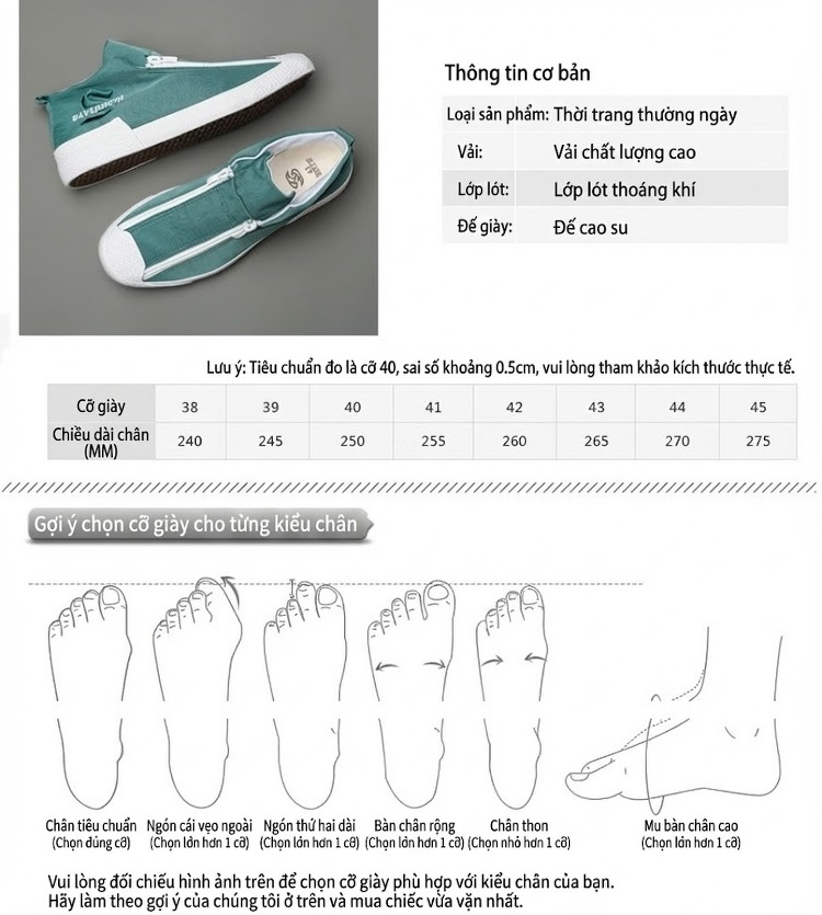 Giày Vải Canvas Nam Khóa Kéo Chiều Cao Đế Khoảng 3cm Màu Xám, Xanh Lá, Đen, Kem chi tiết 3