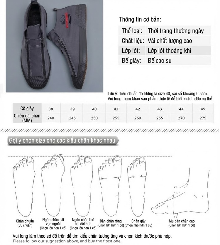 Giày Vải Canvas Nam Khóa Kéo Chiều Cao Đế Khoảng 3cm Màu Xám, Xanh Lá, Đen, Kem chi tiết 4