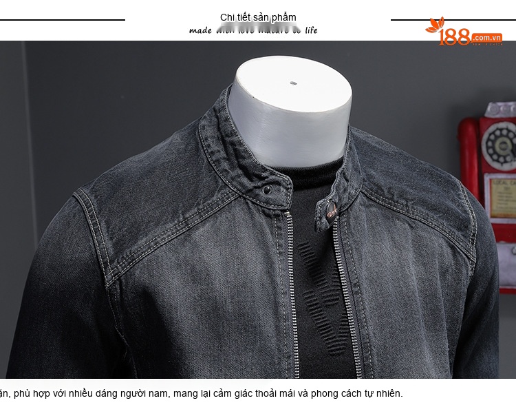 Áo Khoác Jean Nam Cổ Trụ Khóa Kéo Phong Cách Retro Màu Xanh Đậm chi tiết 6