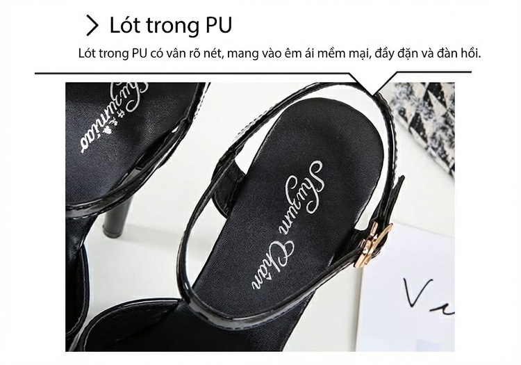 Giày Sandal Cao Gót Nữ Quai Ngang Da Bóng Gót Cao 10cm - 12cm Màu Đen, Đỏ, Hồng, Tím... chi tiết 3