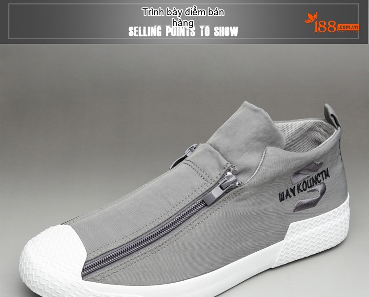 Giày Vải Canvas Nam Khóa Kéo Chiều Cao Đế Khoảng 3cm Màu Xám, Xanh Lá, Đen, Kem chi tiết 12