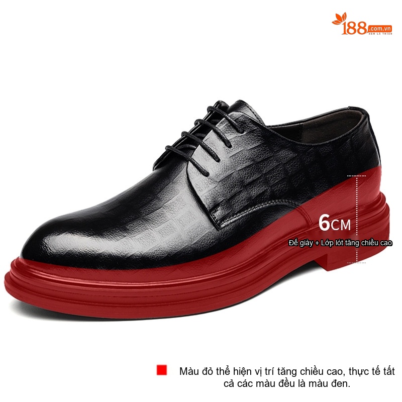 Giày Tây Buộc Dây Nam Da Bò Chiều Cao Đế 6cm Màu Đen