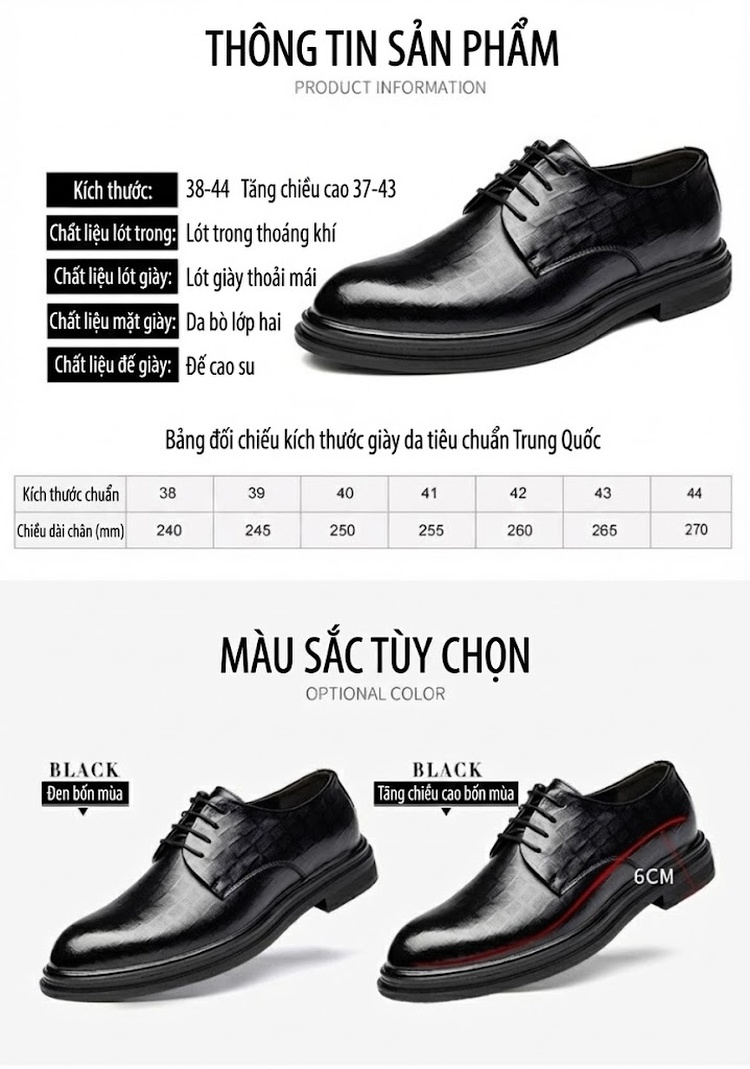 Giày Tây Buộc Dây Nam Da Bò Chiều Cao Đế 6cm Màu Đen chi tiết 17