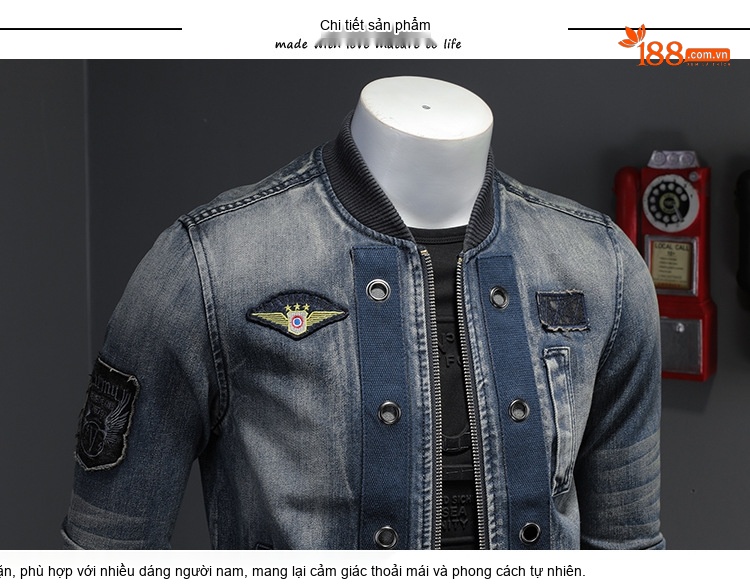 Áo Khoác Bomber Nam Vải Jean Cổ Bóng Chày Khóa Kéo Màu Xanh Jean chi tiết 4