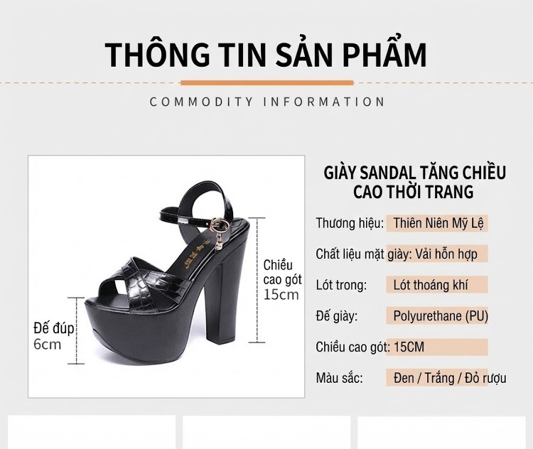 Giày Sandal Cao Gót Nữ Quai Chéo Da Bóng Gót Cao 15cm Màu Đen, Trắng chi tiết 5