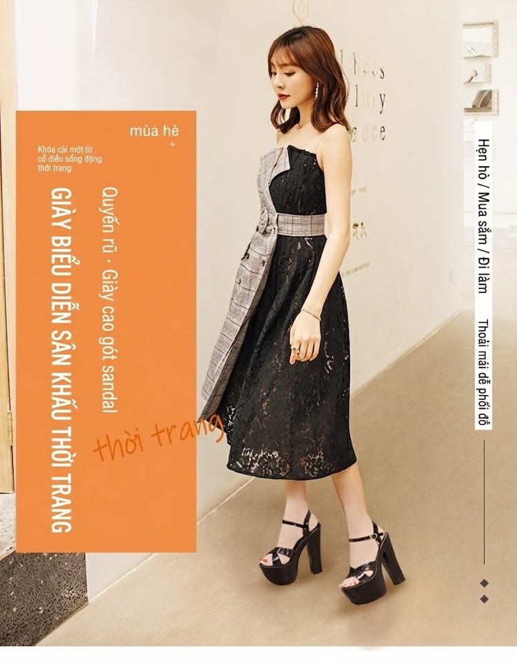 Giày Sandal Cao Gót Nữ Quai Chéo Da Bóng Gót Cao 15cm Màu Đen, Trắng chi tiết 1