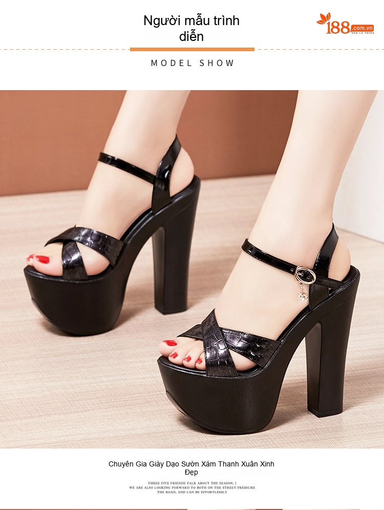 Giày Sandal Cao Gót Nữ Quai Chéo Da Bóng Gót Cao 15cm Màu Đen, Trắng chi tiết 10