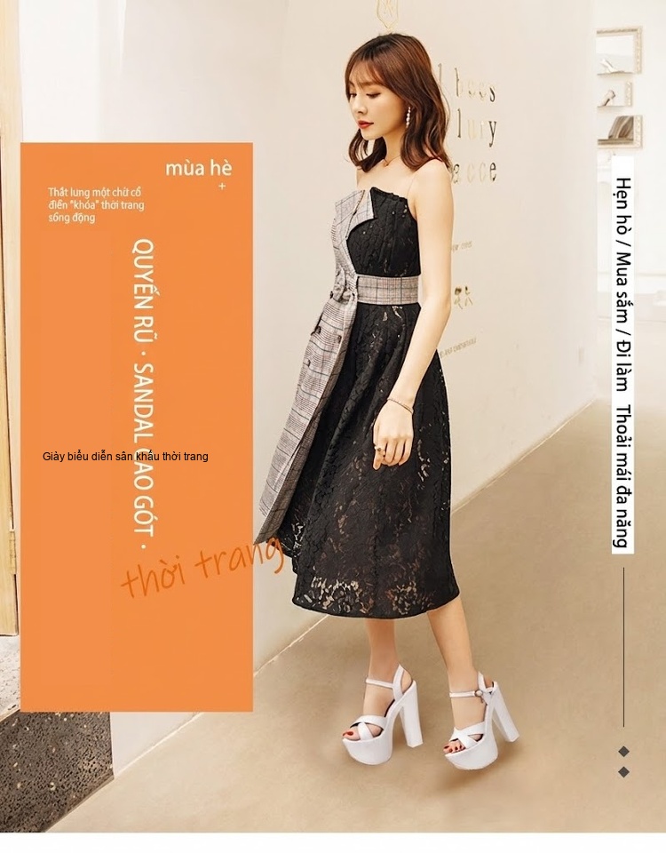 Giày Sandal Cao Gót Nữ Quai Chữ X Đế Xuồng Gót Cao 10cm - 12cm Màu Trắng, Đen chi tiết 1