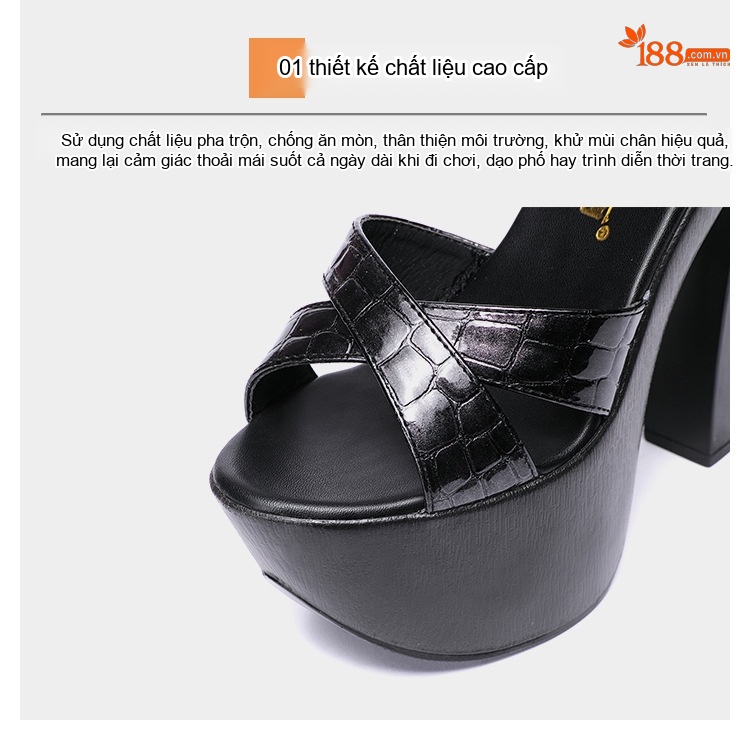 Giày Sandal Cao Gót Nữ Quai Chéo Da Bóng Gót Cao 15cm Màu Đen, Trắng chi tiết 7